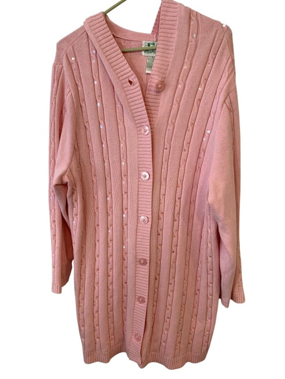 Quacker Factory 1X Pink Hooded Cardigan Sweater Sequin Cable Knit Cottagecore